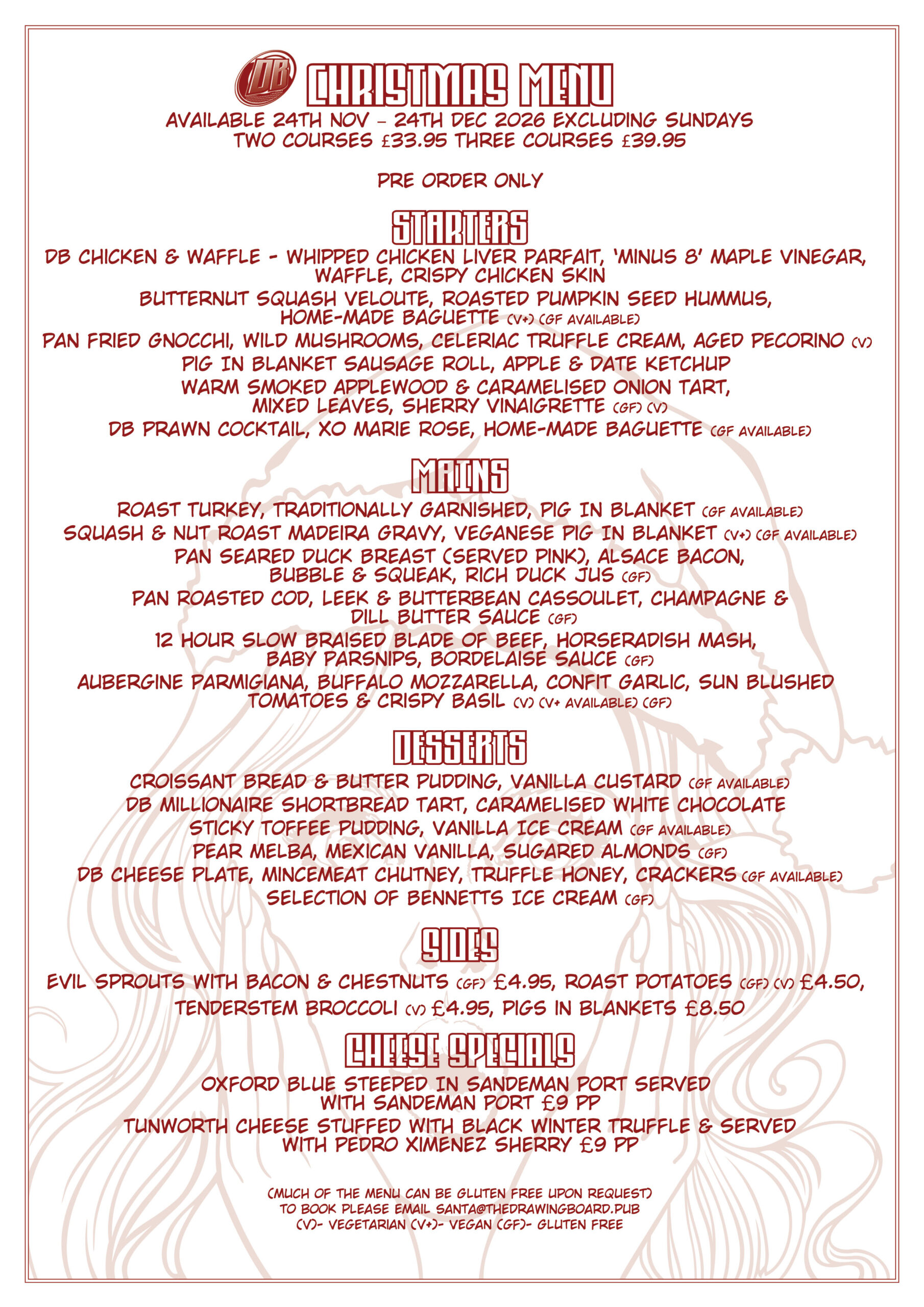 The Drawing Board Christmas Party Menu 2026 in Leamington Spa